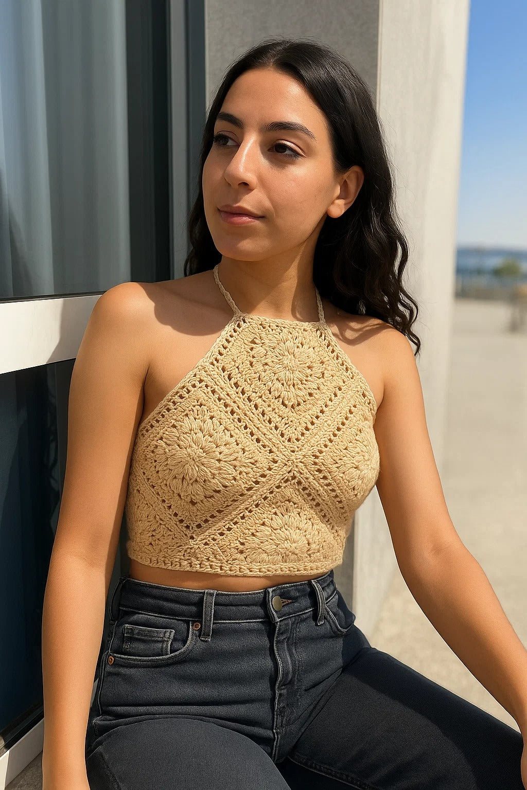 Boho High-Neck Crochet Crop Top