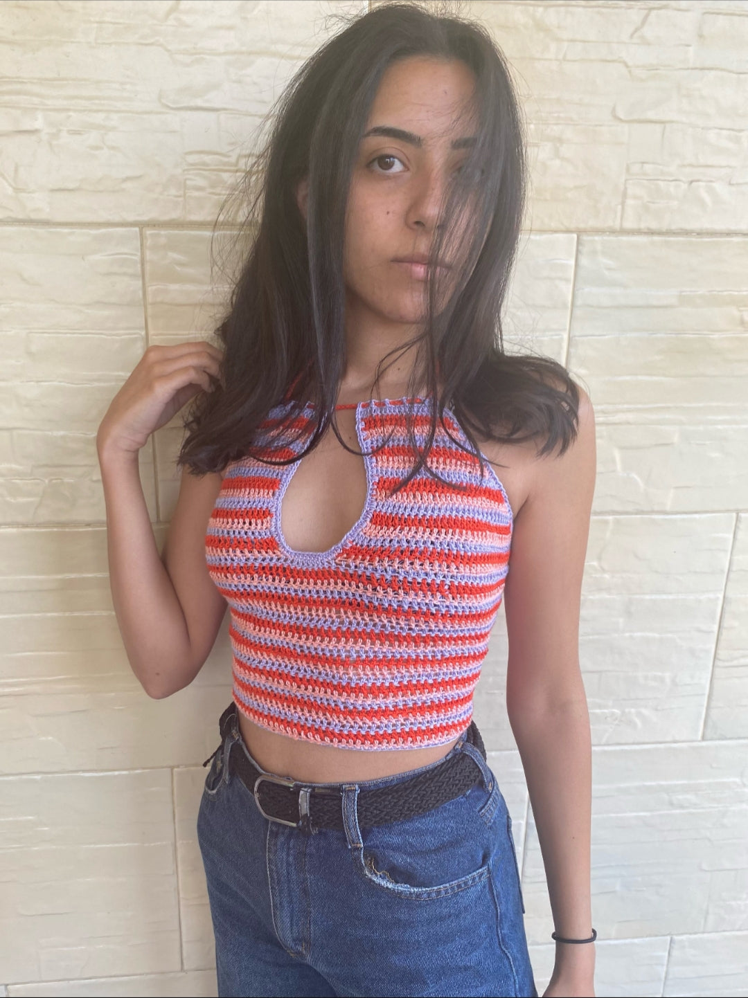 Striped Crochet Halter Top with Keyhole