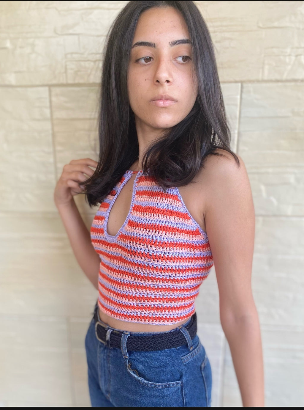 Striped Crochet Halter Top with Keyhole